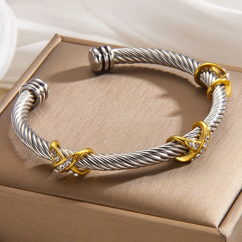 1pcs Stainless Steel Gold-plated Bangle Trendy Retro Hip-hop Style Bracelet Fried Dough Twists Steel Wire Rope Colorfast Bangle