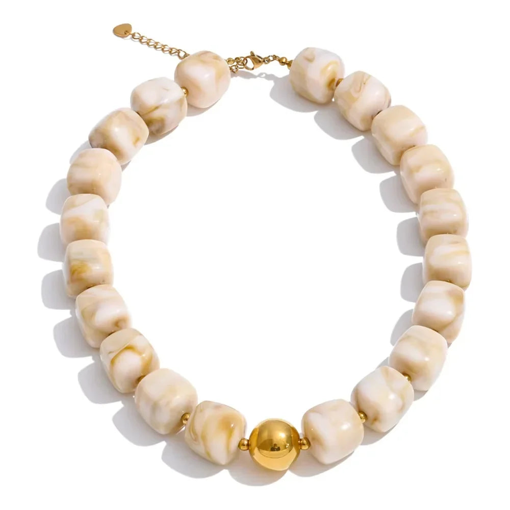 Yhpup Acrylic Square Beads Chain Necklace Bracelet Bangle Stainless Steel Handmade Jewelry Waterproof Green Khaki Pink Amber