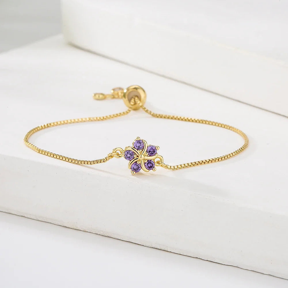 NEWBUY Fashion Gold Color Colourful CZ Zircon Flower Charm Bracelets For Women Party Jewelry Accessories