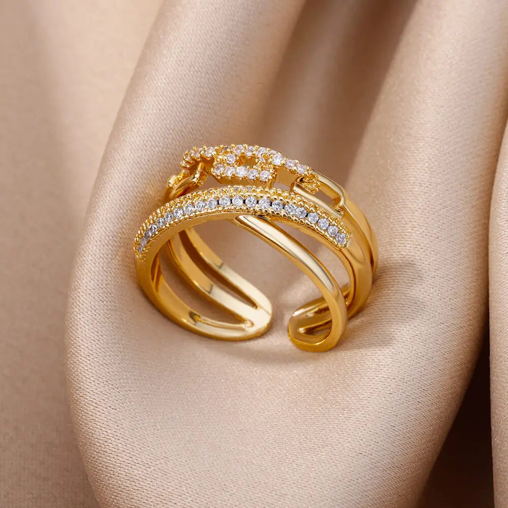 Gold Color Cubic Zircon Rings For Women Open Stainless Steel Green Luxury Crystal Finger Ring Boho Jewelry Wedding Party Gift