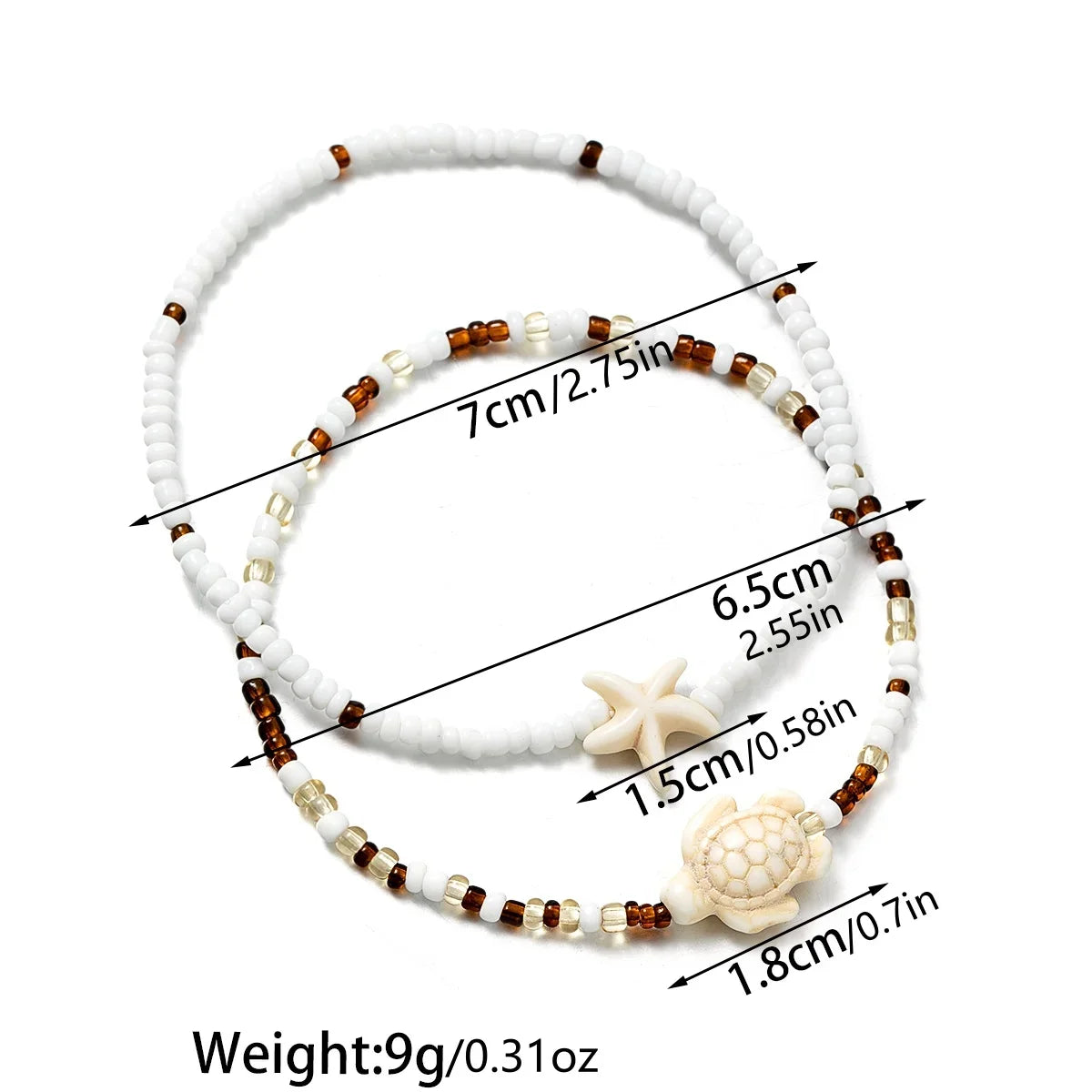2 Bohemian style turquoise starfish turtle ankle chains, double-layer layered mixed color rice bead beach ankle chains