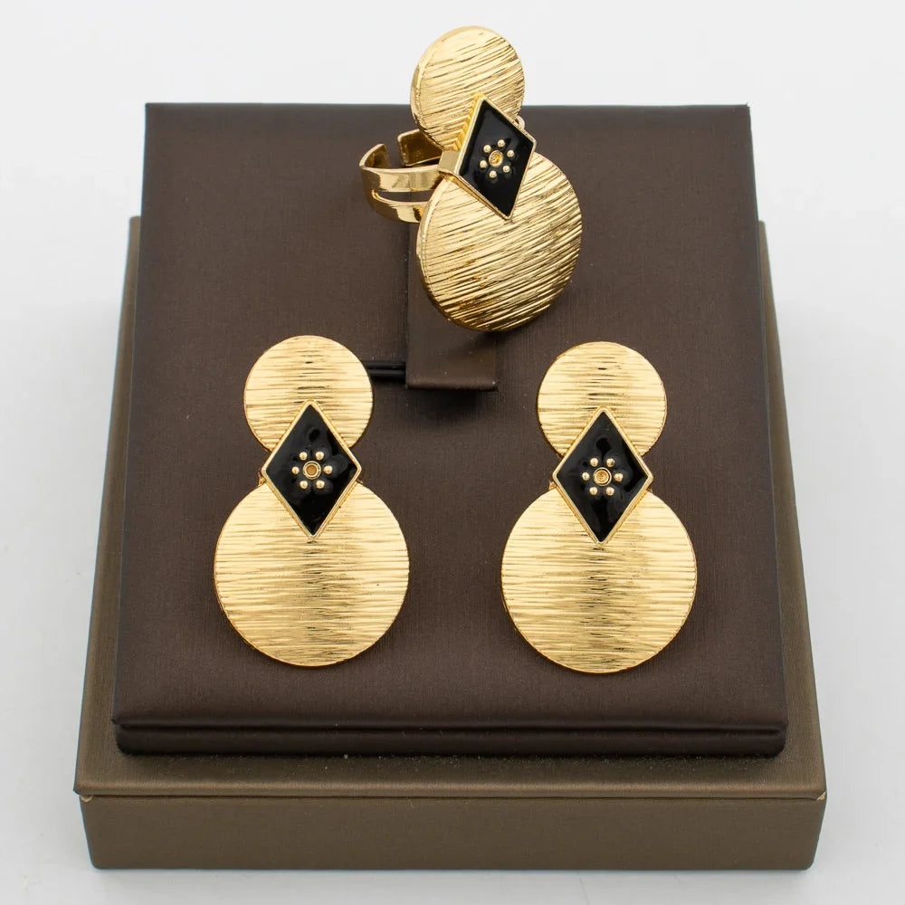 Luxury Tassel Earrings with Ring Set for Dubai African Gold Color and Black Color Matching Jewelry Set Square Design Earrings