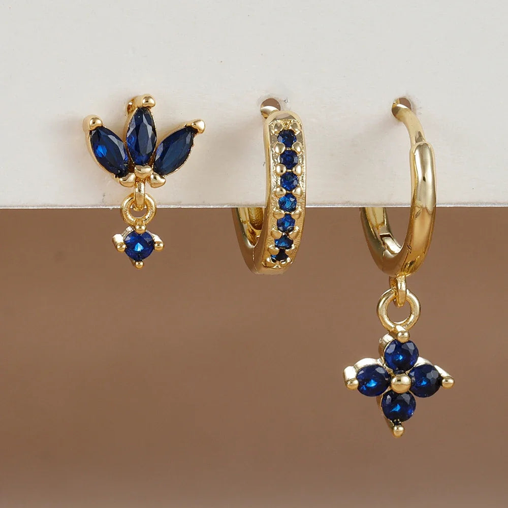 3PCS Fashion Orange Blue Zircon Hanging Earrings Set for Women Stainless Steel Flower Dangle Earring Piercing Jewelry