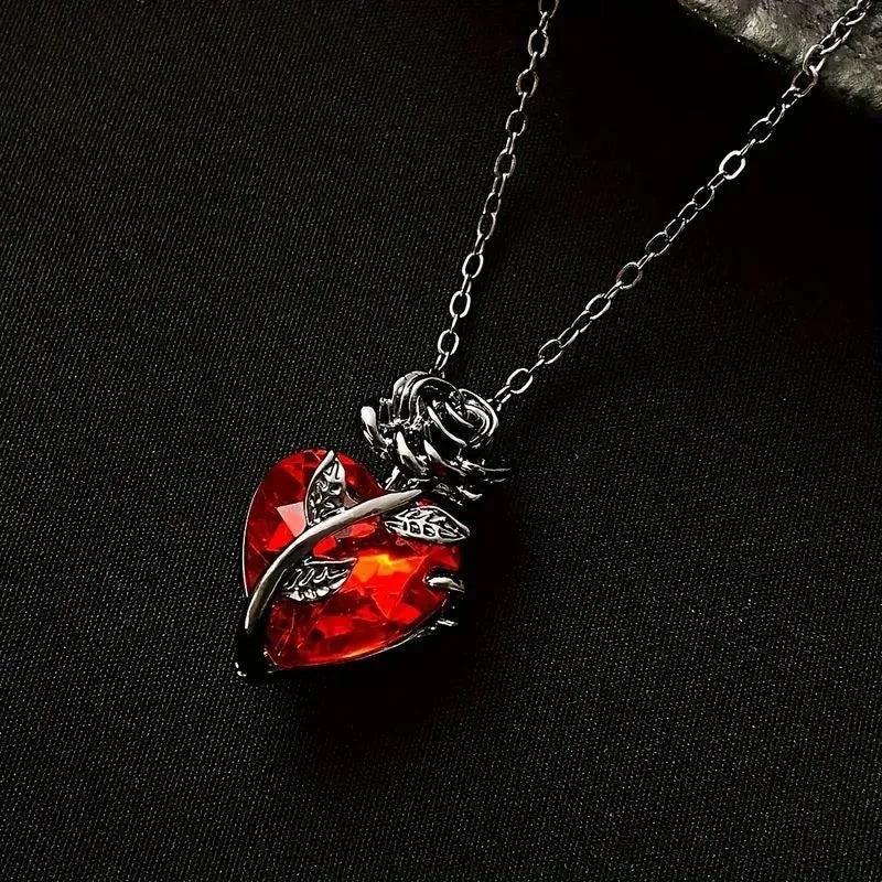 Luxurious Red Crystal Heart Necklace, Vintage Black Rose Floral Pendant, Elegant Fashion Jewelry Gift for Women