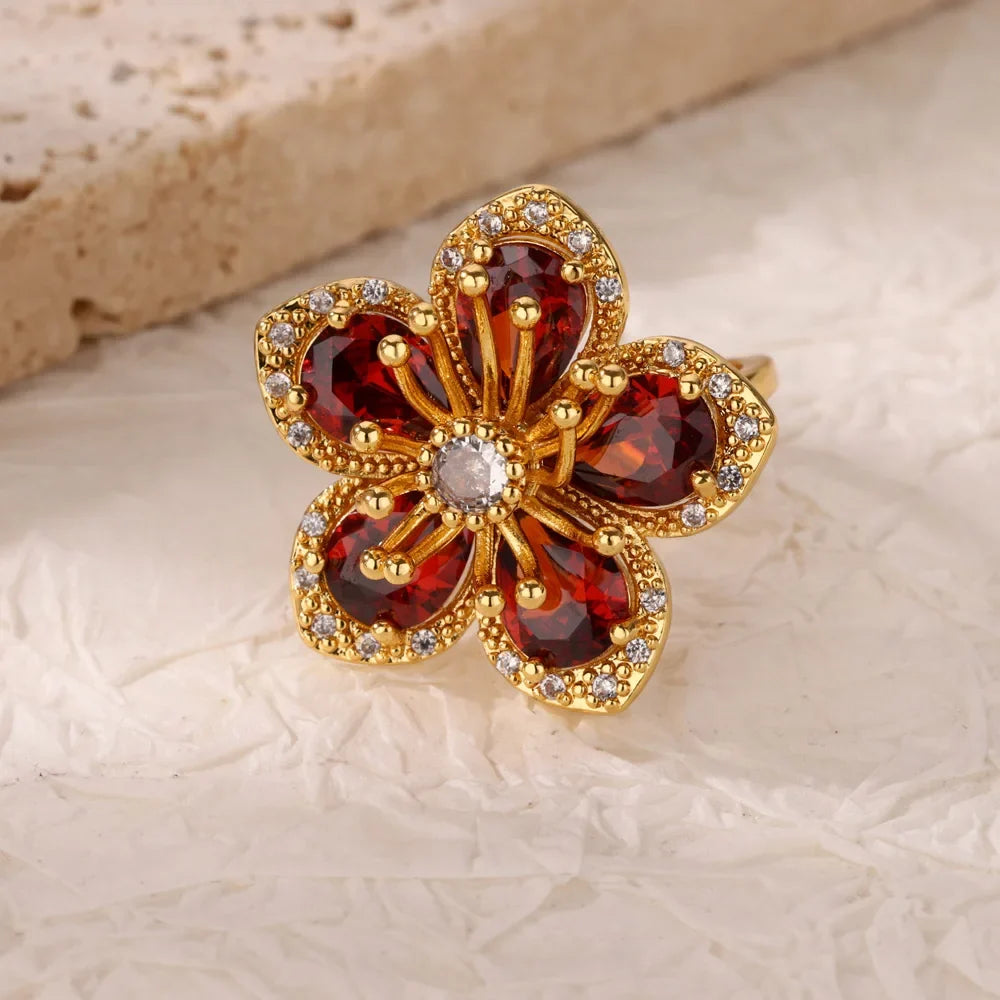 Luxury Colorful Zircon Flower Rings For Women Gold Color Stainless Steel Opening Ring Fashion Wedding Party Aesthetic Jewelry