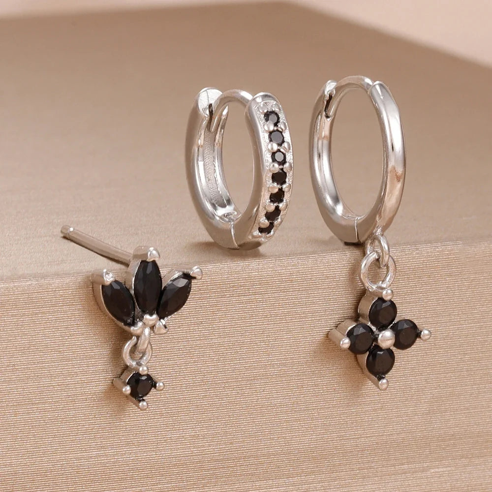 3PCS Fashion Orange Blue Zircon Hanging Earrings Set for Women Stainless Steel Flower Dangle Earring Piercing Jewelry