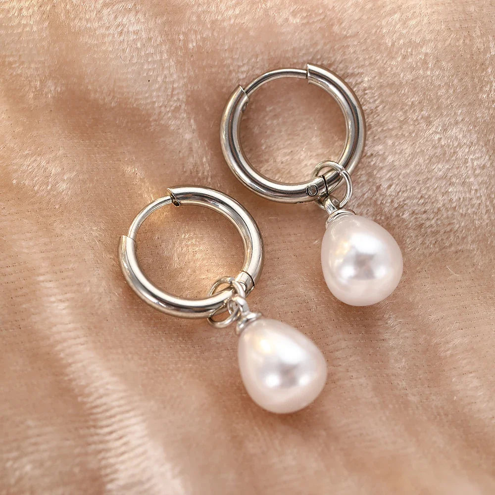 Stainless Steel Teardrop-Shaped Imitation Pearl Pendant Earrings Women's Everyday Commute Elegant Style Ear Jewelry Accessories