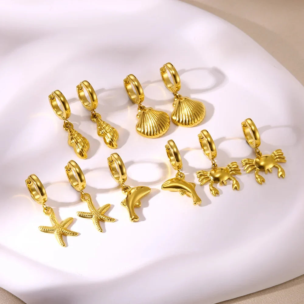 Freshwater Ocean Starfish Shell Hoop Earrings For Women Elegant Stainless Steel Gold Color Aretes Christmas jewelry accessories