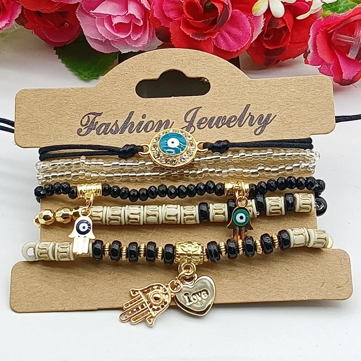 6Pcs Fatima Hand Evil Eye Bracelet Set For Women Heart Charm Beads Rope Chain Bangle Female Bohemian Handmade Jewelry