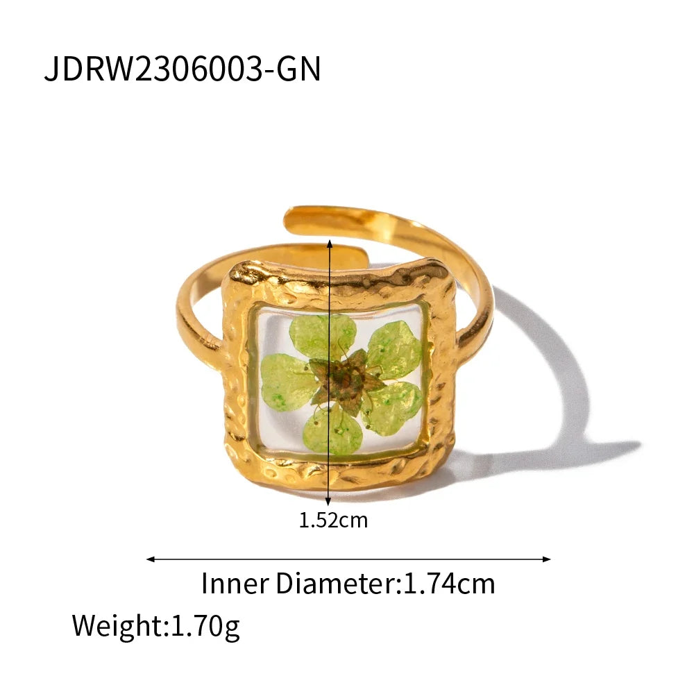 Light Cozy 18k Gold Plated Minimalist Polygonal Dry Flower Opening Ring Women Personalized Stainless Steel Statement Jewelry