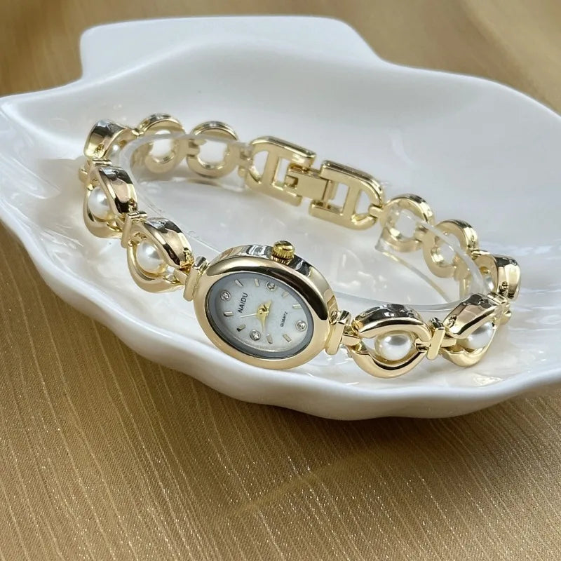 Luxury Pearl Inlaid Bracelet Watch Fashion Women Quartz Watch Brand Oval Dial Dress Wristwatches Dropshipping Relojes Para Mujer