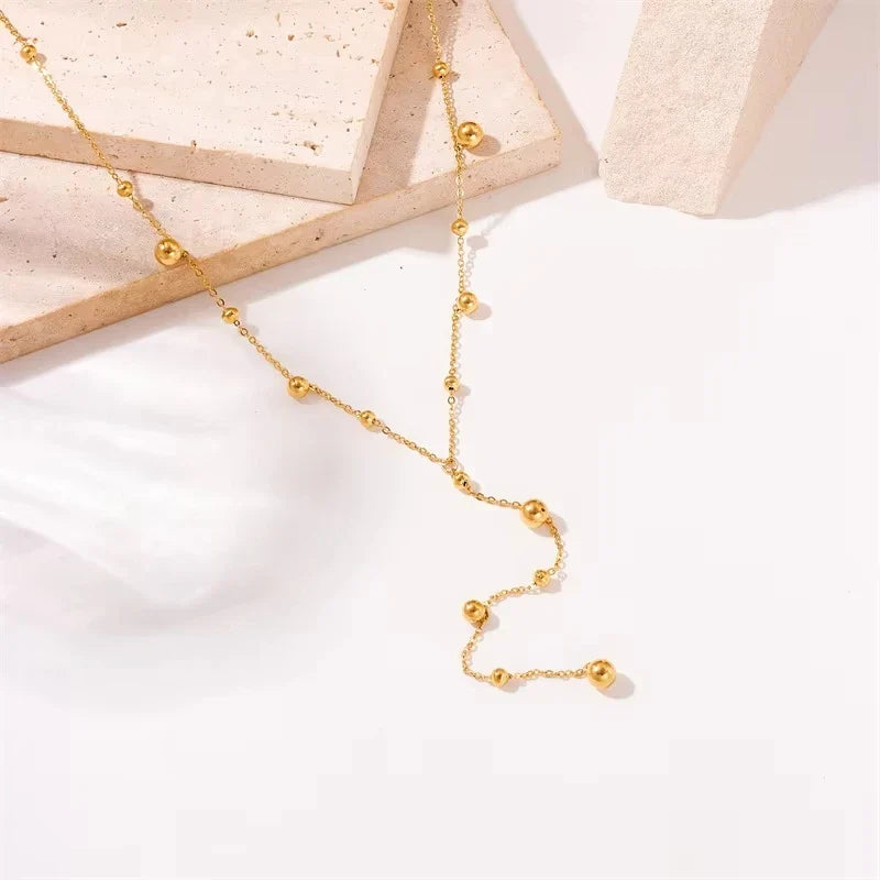316L Stainless Steel Gold Color Beads Long Pendant Necklace For Women Fashion Choker Clavicle Chain Jewelry Gift Wedding