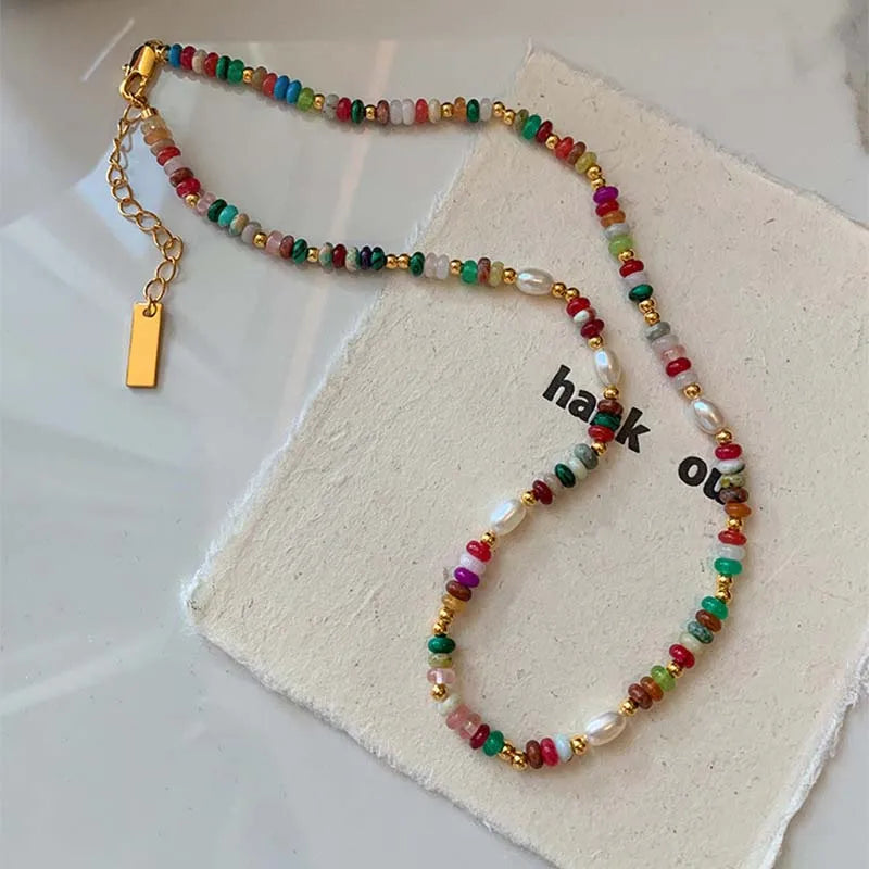 Fashion Colorful Beads Stone Natural Freshwater Pearl Necklaces For Women Retro Gold Color Clavicle Chain Necklace Jewelry Gifts