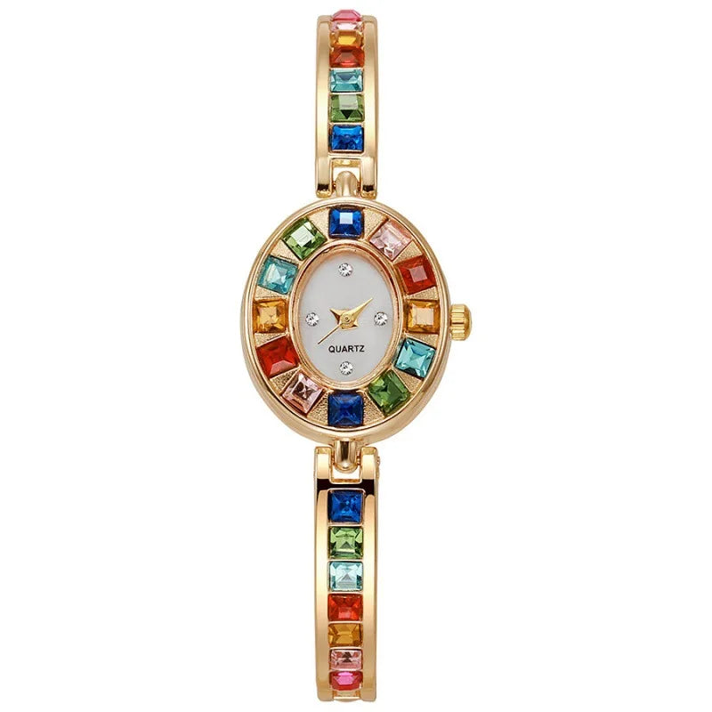 Dropshipping Women Quartz Watches New Fashion Rainbow Rhinestone Strap Oval Dial Bracelet Watch Wholesale Wristwatches Reloj