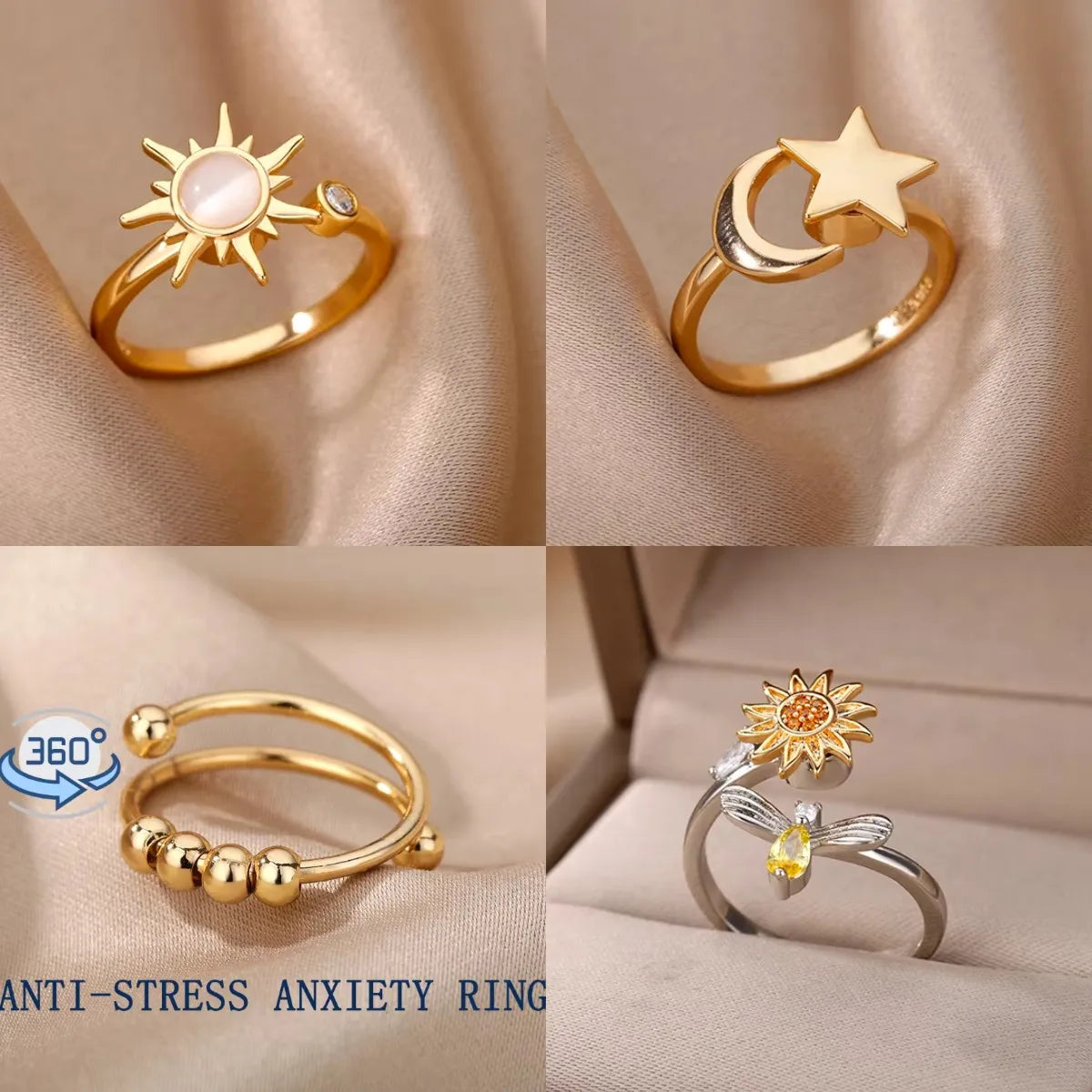 Anti Stress Anxiety Fidget Rings for Women Stainless Steel Sunflower Sun Star Spinner Ring Christmas Jewelry Gifts Dropshipping