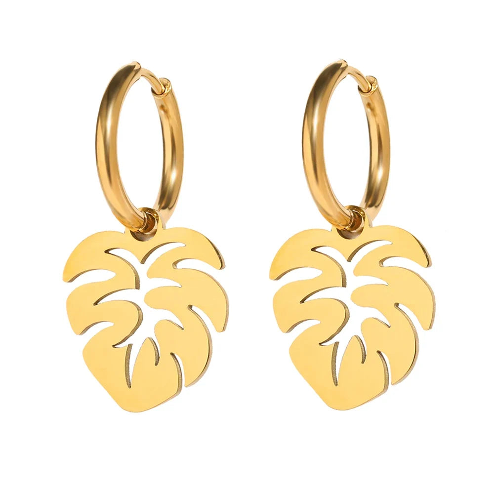 Stainless Steel Earrings Bohemian Tropical Plant Leaves Pendants Retro Glossy Aesthetic Hoop Earrings For Women Jewelry Girl New