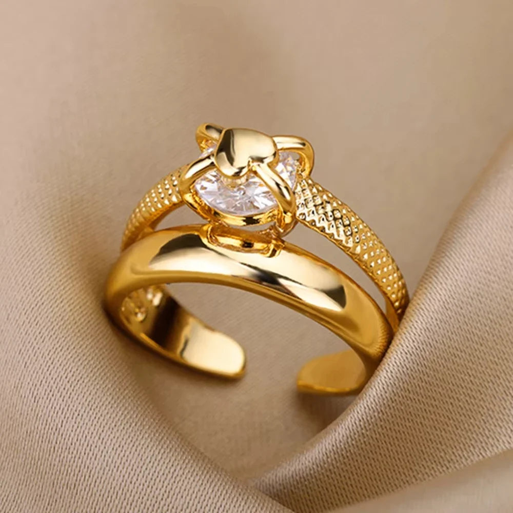 Fashion Zircon Sun Flower Rings For Women Stainless Steel Gold Color Geometric Ring Trendy Wedding Party Aesthetic Jewelry Gifts