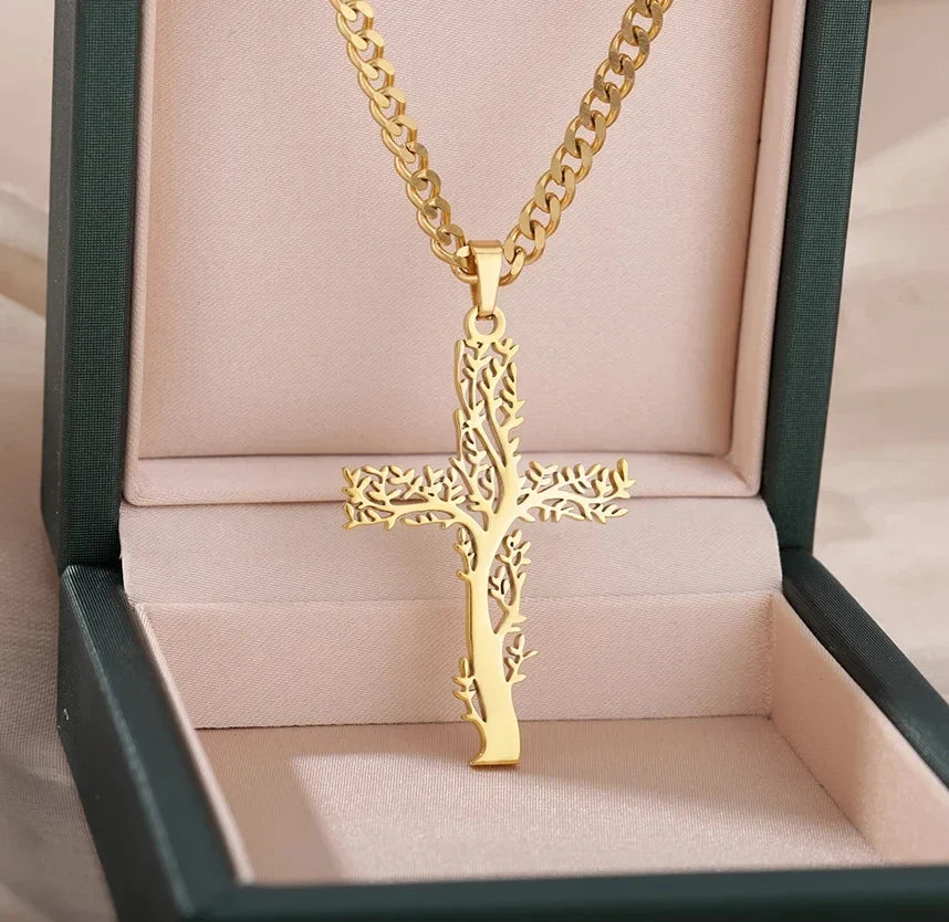 Stainless Steel Cross Necklace For Women Gold Color Chain Cross Pendant Necklaces Retro Religion Jewelry Gift bijoux femme