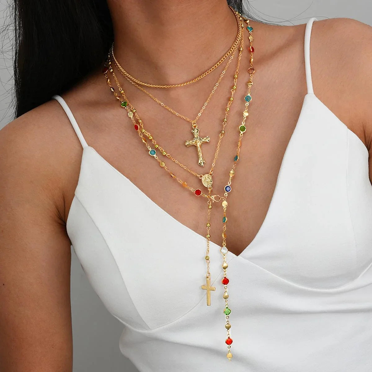 4Pcs/Set Cross Colorful Crystal Necklaces For Women Simple Gold Silver Color Y-Shaped Pendant Necklace Set New Christian Jewelry