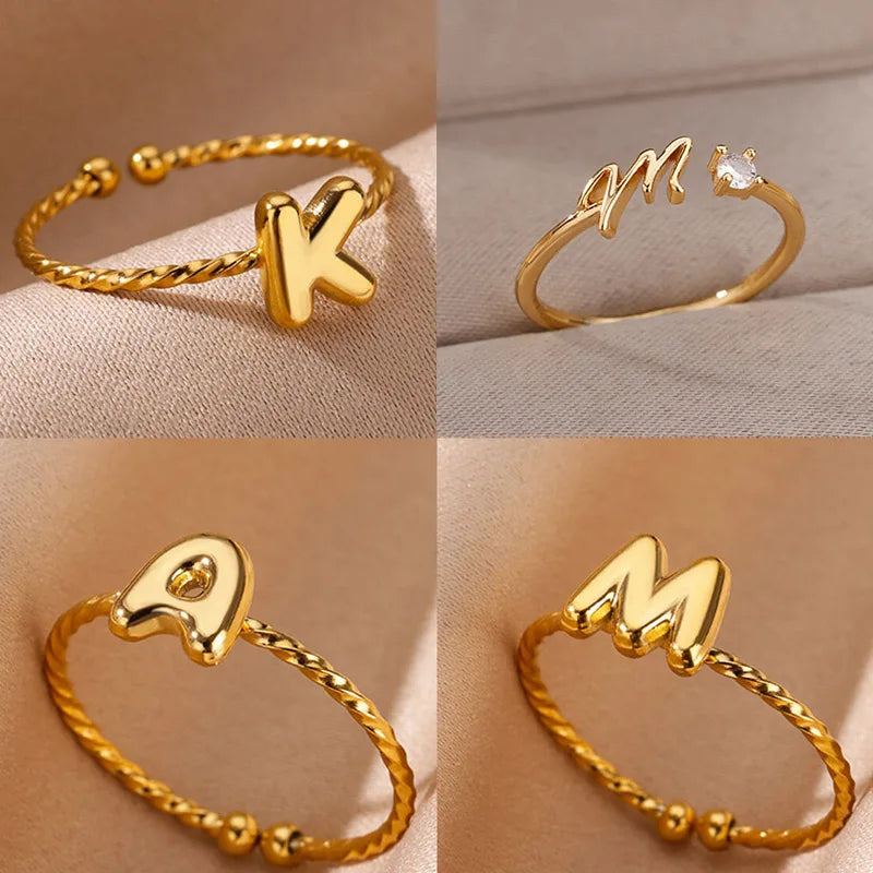 Cute Chunky Initial Letter Rings For Women Gold Color Stainless Steel A-Z Letter Adjustable Ring Aesthetic Wedding Jewelry Gift