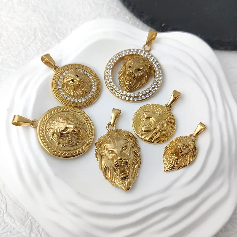 Men's Rock Hip Hop Crystal Inlay Lion Head Pendant Fashion Creative Stainless Steel Gold Color Party Club Charm Jewelry