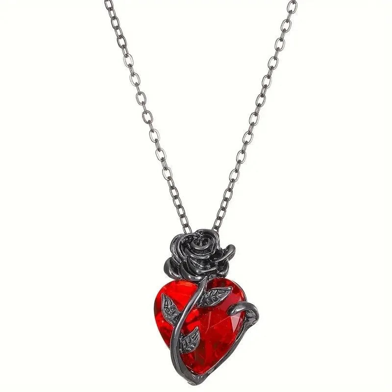 Luxurious Red Crystal Heart Necklace, Vintage Black Rose Floral Pendant, Elegant Fashion Jewelry Gift for Women