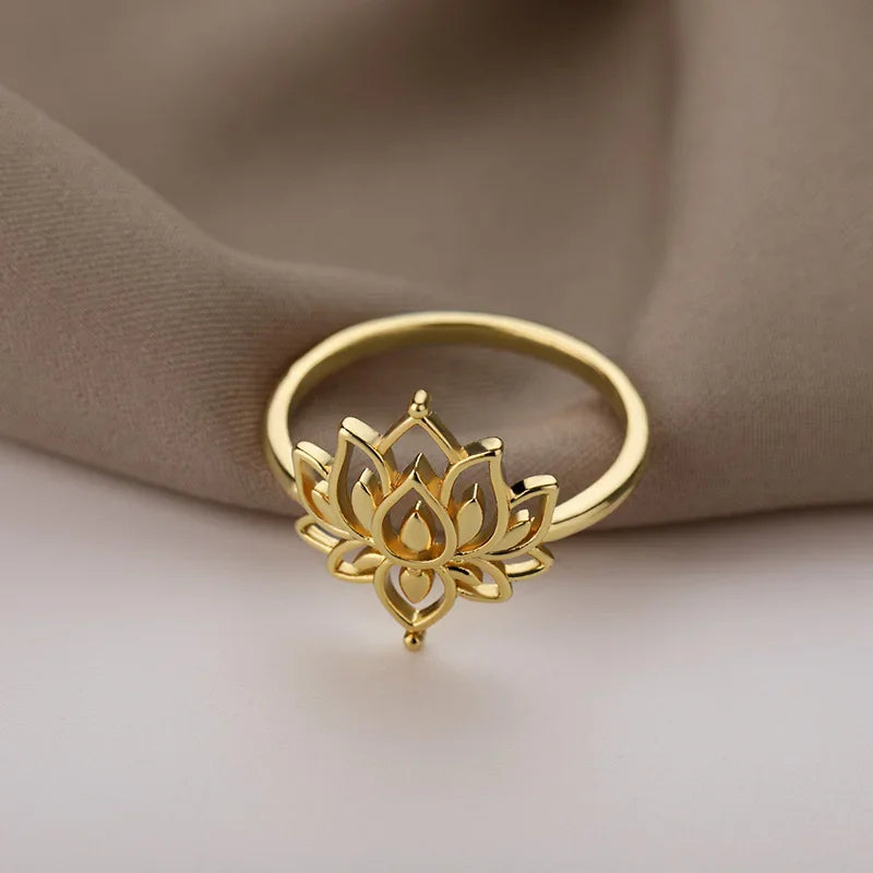Lotus Flower Rings For Women Stainless Steel Gold Color Hollow Out Ring Fashion Wedding Party Aesthetic Jewelry Gift anillos
