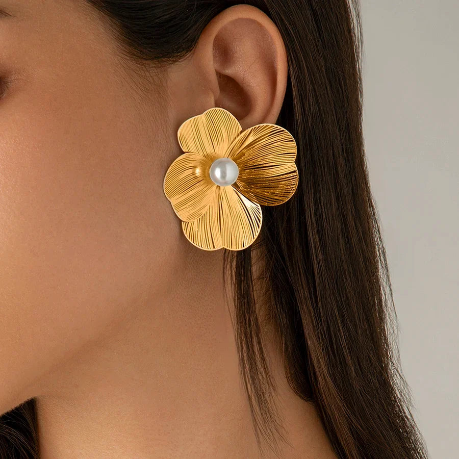 Ingemark Punk Vintage Metal Petal Flower Stud Earrings Women Girls Trend 2024 Goth Geometric Piercing Earring Jewelry Steampunk