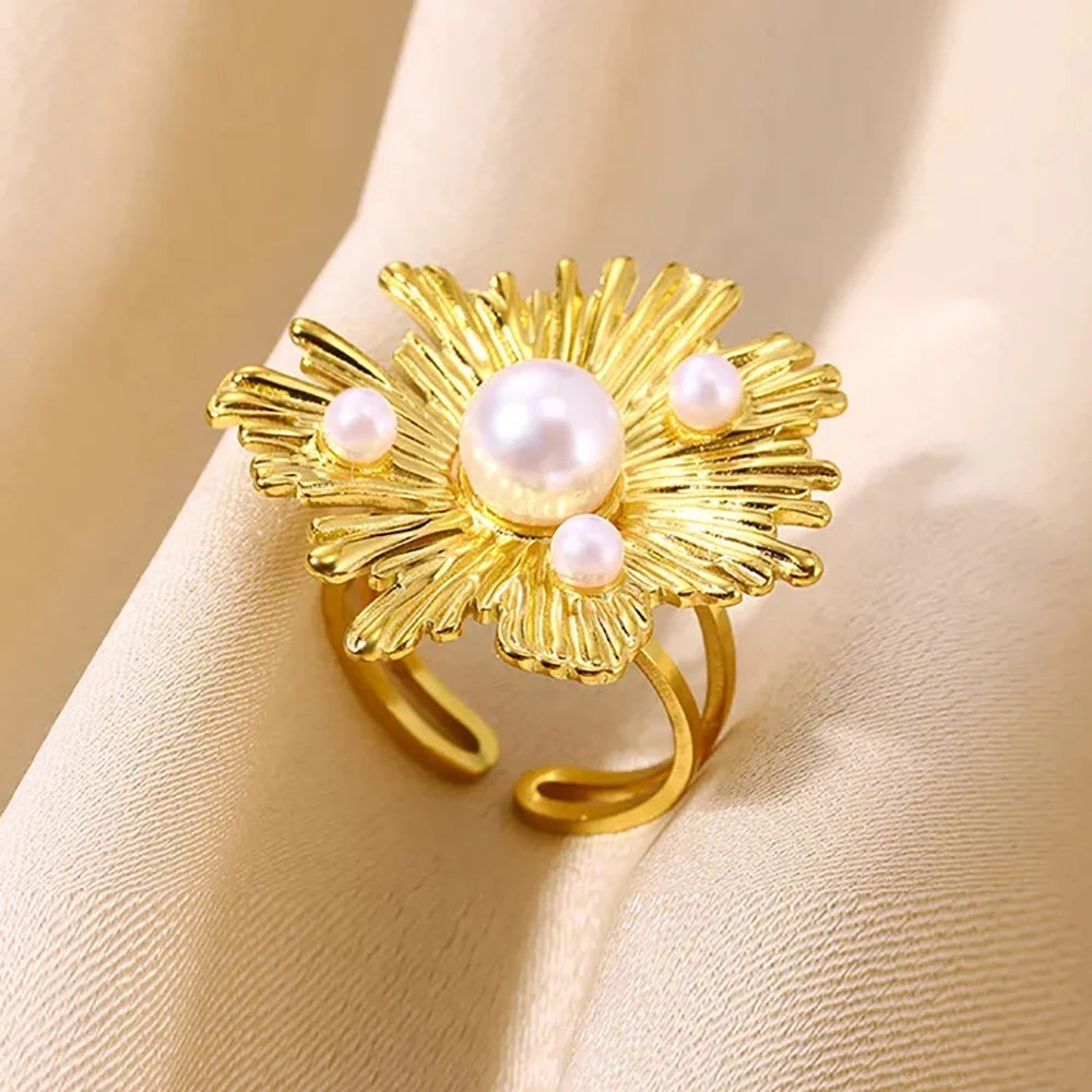Stainless Steel Flower Big Open Rings For Women Gold Color Imitation Pearl Hollow Out Ring Trendy Aesthetic Jewerly Gifts