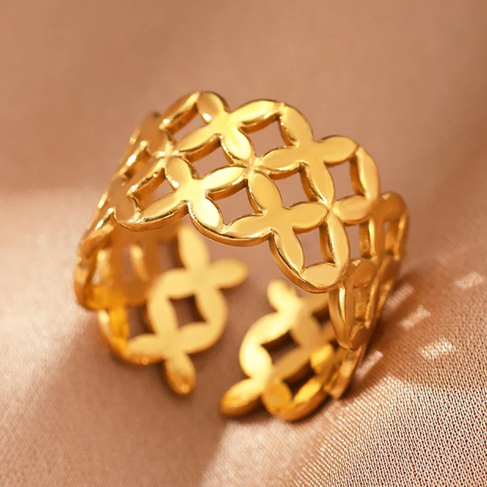 Stainless Steel Rings Vintage Exquisite Hollow Adjustable Open Statement Rings Light Luxury Fashion Rings For Women Jewelry New