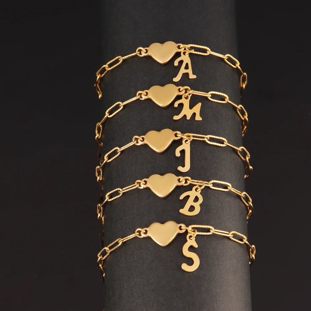 Stainless Steel 26 Letters English Initial Letter Heart Bracelet DIY Personalized Name Bracelets Women Anniversary Jewelry Gifts