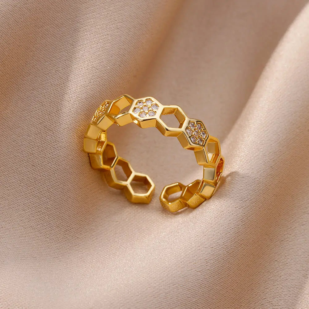 Gold Color Cubic Zircon Rings For Women Open Stainless Steel Green Luxury Crystal Finger Ring Boho Jewelry Wedding Party Gift