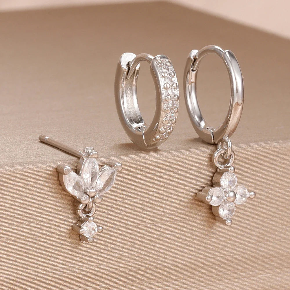 3PCS Fashion Orange Blue Zircon Hanging Earrings Set for Women Stainless Steel Flower Dangle Earring Piercing Jewelry