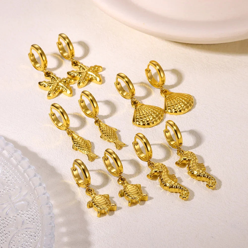 Freshwater Ocean Starfish Shell Hoop Earrings For Women Elegant Stainless Steel Gold Color Aretes Christmas jewelry accessories
