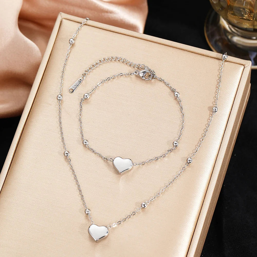 DOTIFI Stainless Steel Stereoscopic Heart Pendant Necklace Bracelet Jewelry Set Simple Fashion Commuter For Women Jewelry Gift