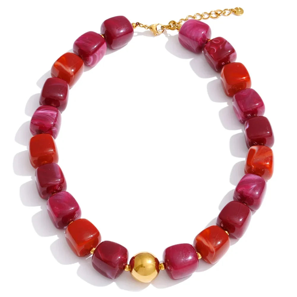 Yhpup Acrylic Square Beads Chain Necklace Bracelet Bangle Stainless Steel Handmade Jewelry Waterproof Green Khaki Pink Amber