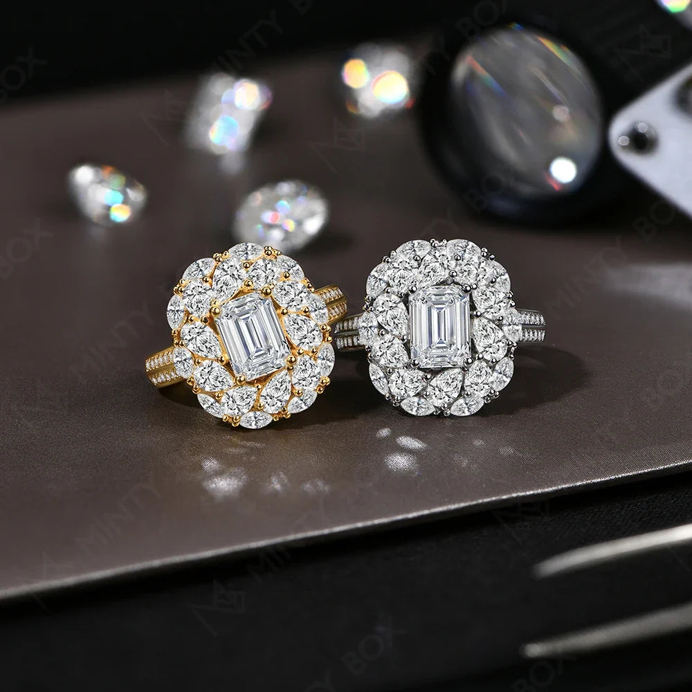 MINTYBOX 2.0ct Flower Design Halo Emerald Cut Engagement Ring Lab Diamond S925 Silver Moissanite Rings For Women 18K Gold Plated