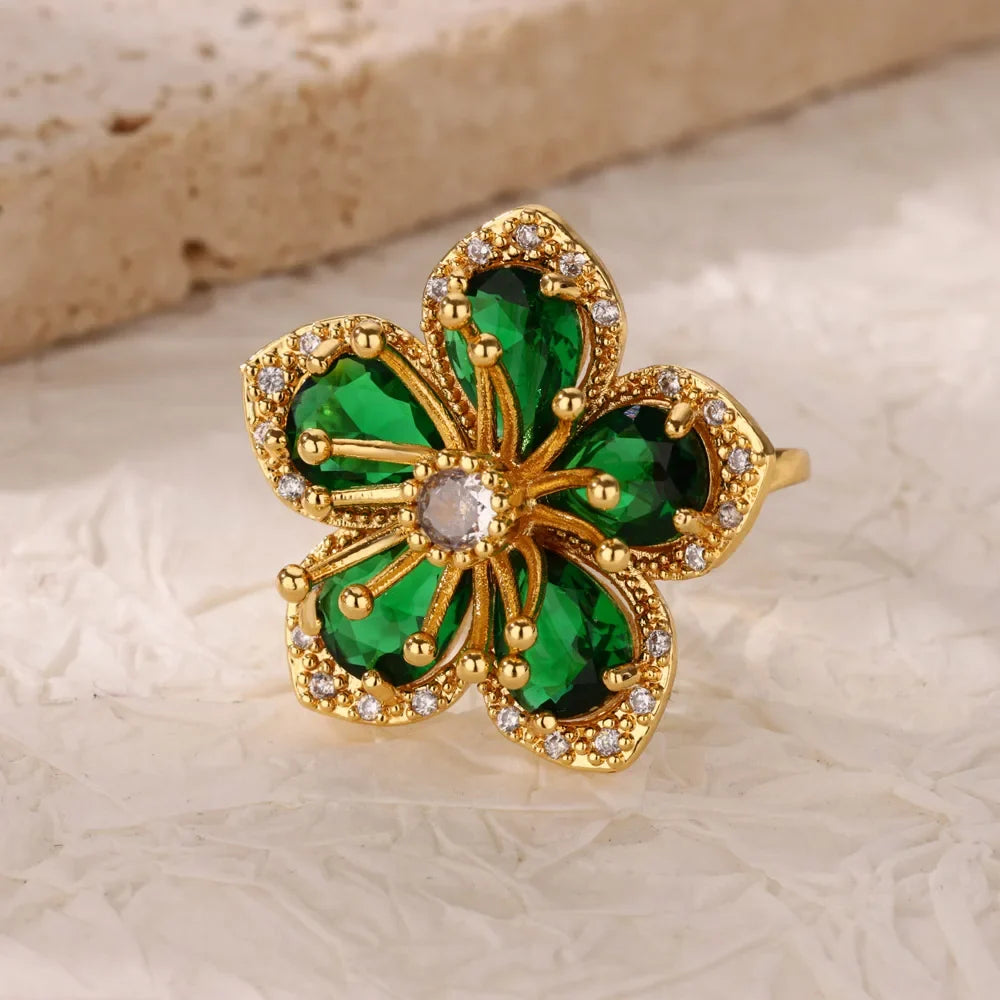 Luxury Colorful Zircon Flower Rings For Women Gold Color Stainless Steel Opening Ring Fashion Wedding Party Aesthetic Jewelry
