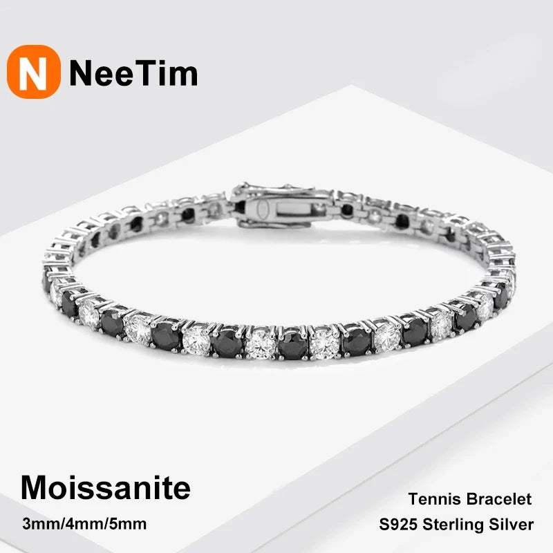 NeeTim Black and White All Moissanite Tennis Bracelets for Women Man s925 Sterling Silver Plated White Gold Hip Hop Bracelet