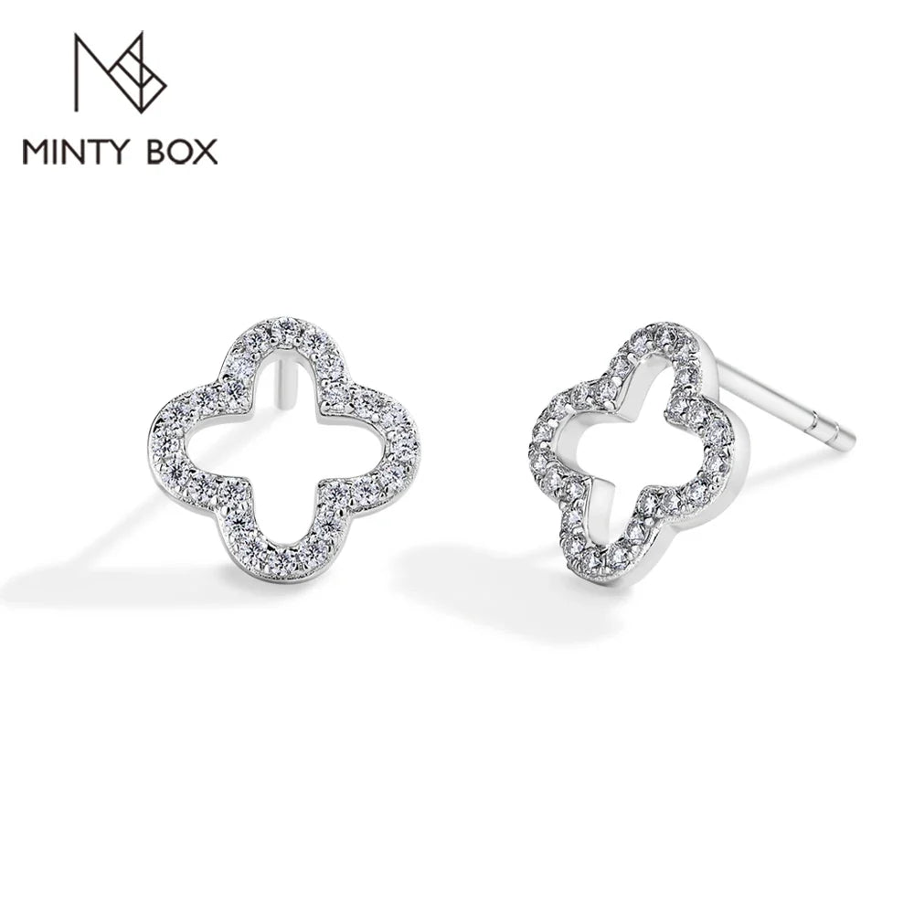 MINTYBOX S925 Sterling Silver Moissanite Diamond Stud Earrings for Women Clover 18k White Gold Plated Flower Wedding Fine Jewelr