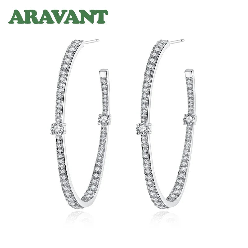 Aravant 925 Silver 48mm Zircon Hoop Earrings For Women Girls Fashion Jewelry
