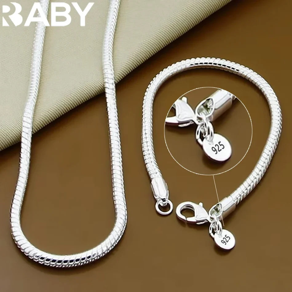 40-60cm 925 sterling Silver solid 3MM Chain Snake Necklace Bracelet Fashion Jewelry For Women Men Sets  Charm Wedding