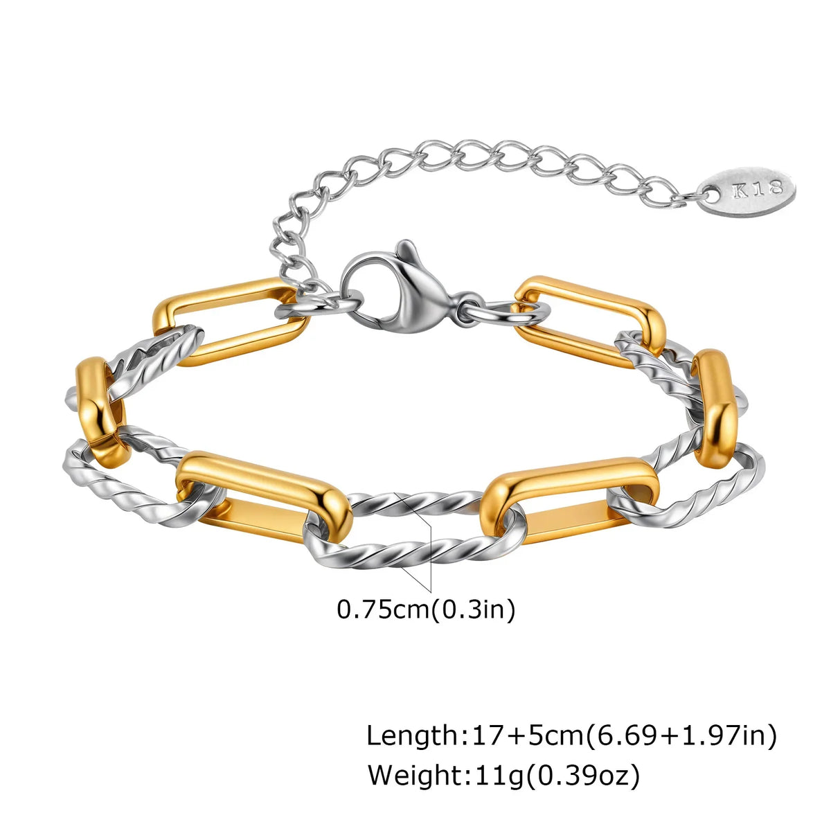 Two Tone Chain Bracelet for Women, Chunky Mixed Metal Link, Stainless Steel Waterproof Jewelry, Stylish Adjustable Wristband