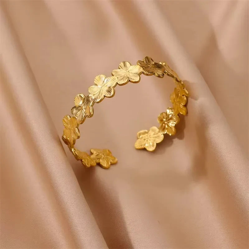Summer Waterproof Cuff Bangles Bracelet For Women Cute Flower Double Layer Open Stainless Steel Gold Color Star Shell Jewelry