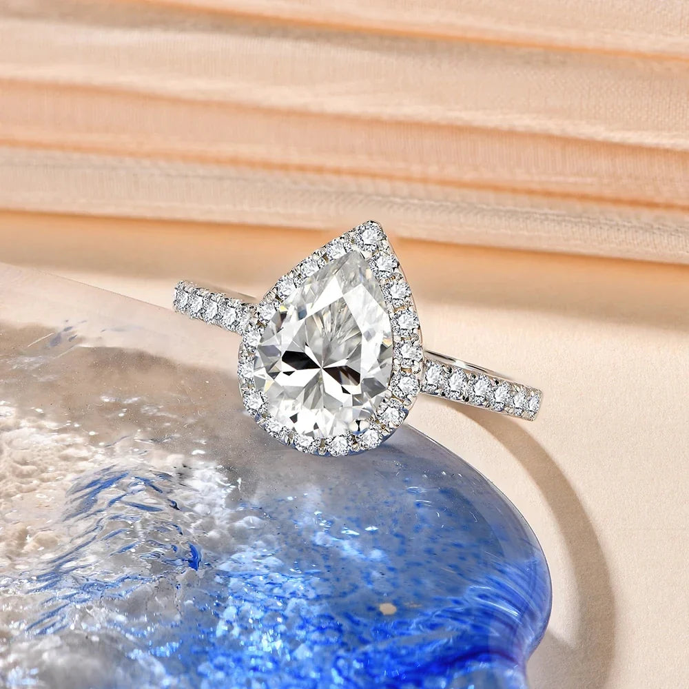 MINTYBOX Pear Cut 2.0CT Luxury Moissanite Ring Solid 925 Sliver 18K Gold Plated Engagement Halo Ring for Women Fine Jewelry Gift