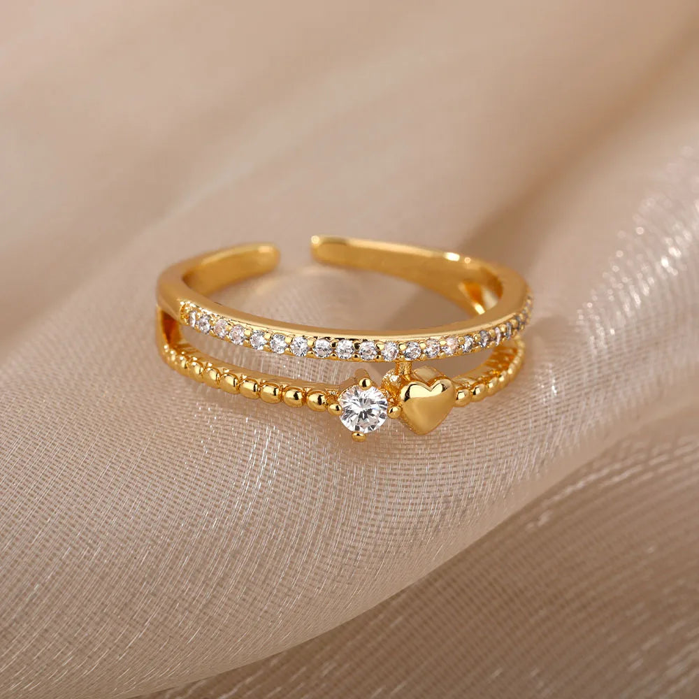 Zircon Heart Rings For Women Stainless Steel Gold Color Adjustable Open Finger Ring Wedding Aesthetic Jewelry Gift 2024