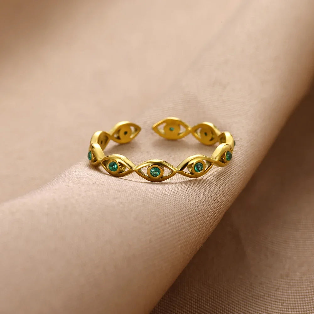 Green Zircon Evil Eye Rings For Women Stainless Steel Gold Color Geometric Open Ring New Wedding Waterproof Fashion Jewelry Gift