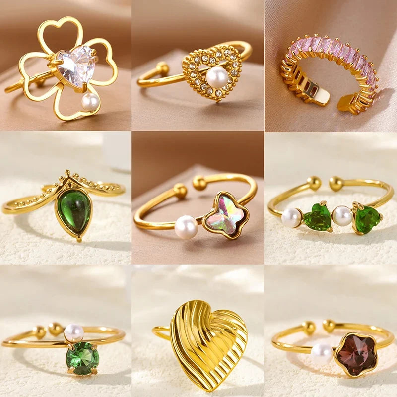 Stainless Steel Four Leaf Clover Rings For Women Gold Color Zircon Opening Couple Ring Aesthetic Wedding Bohemian Jewelry Gift