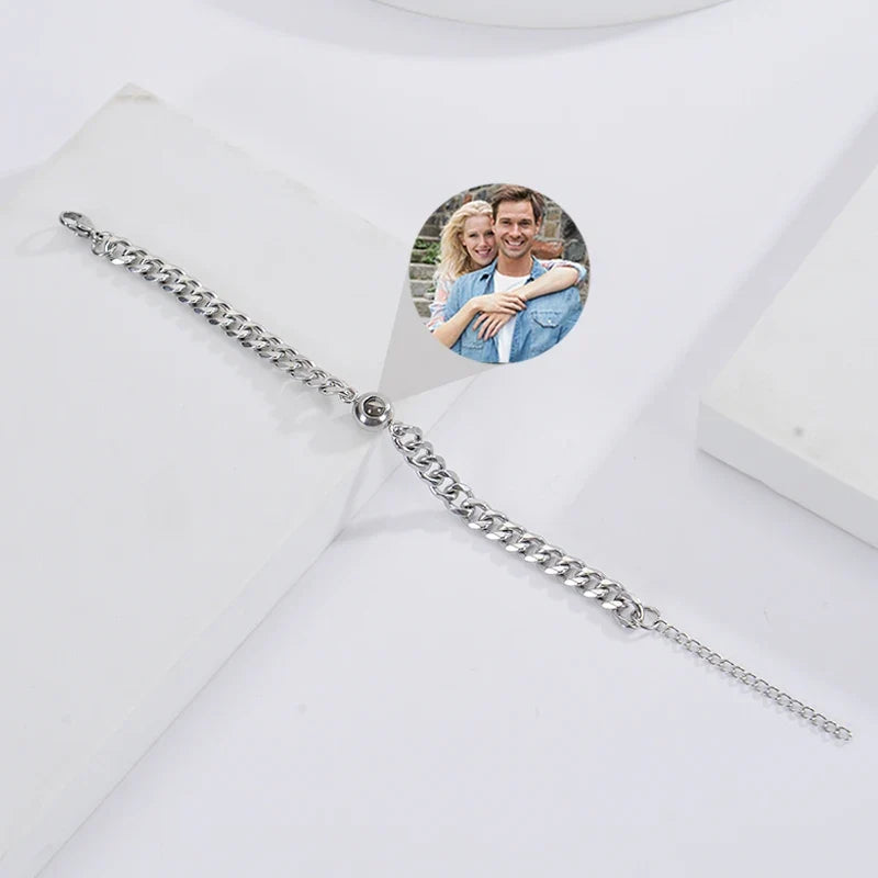 Custom Bracelet with Picture Inside Titanium Steel Cuban Link Chain Bracelet with Personalized Photo Projection for Men Women