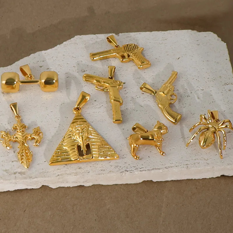 18k Gold Plated 316l Stainless Steel Vintage Pyramid Pharaoh Pistol Barbell Pendant Charm - Unisex Trendy Jewelry